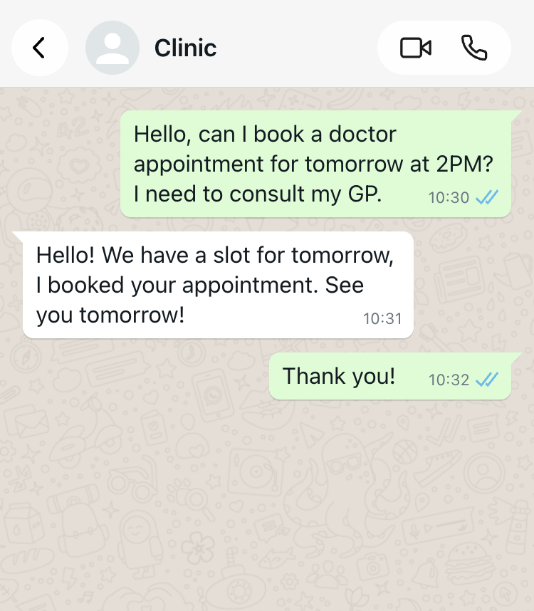 WhatsApp chat with MCP — bot books the appointment