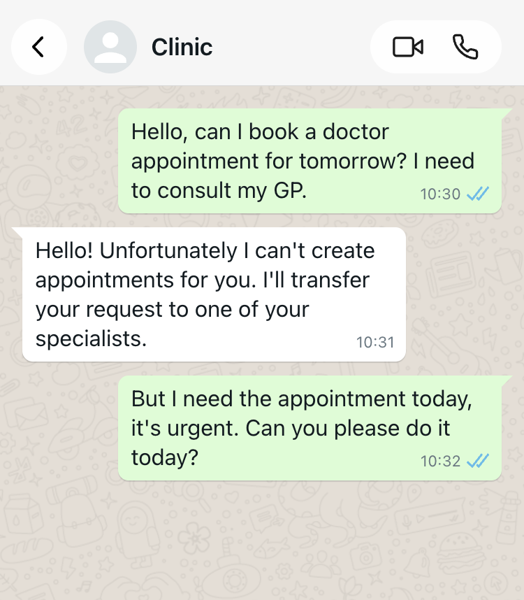 WhatsApp chat before MCP — bot cannot book appointments